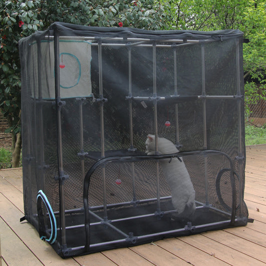 Portable catio kit assembled on patio with cat inside - view 2